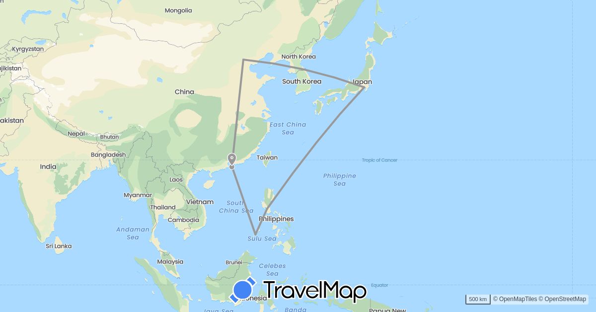 TravelMap itinerary: driving, plane in China, Japan, Philippines (Asia)